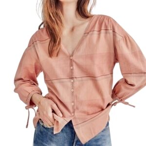 Madewell Morningview Tie Sleeve Shirt Size Small Peach Plaid 100% Cotton Boxy.
